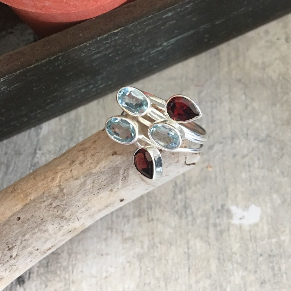 Blue Topaz & Red Garnet Ring Size 8 Sterling Silver